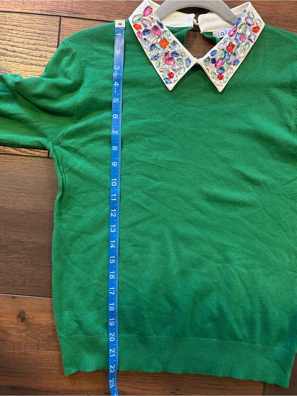 lola Green Crewneck Sweater with Jeweled Collar Party Top Maximalist M-L - Picture 7 of 8